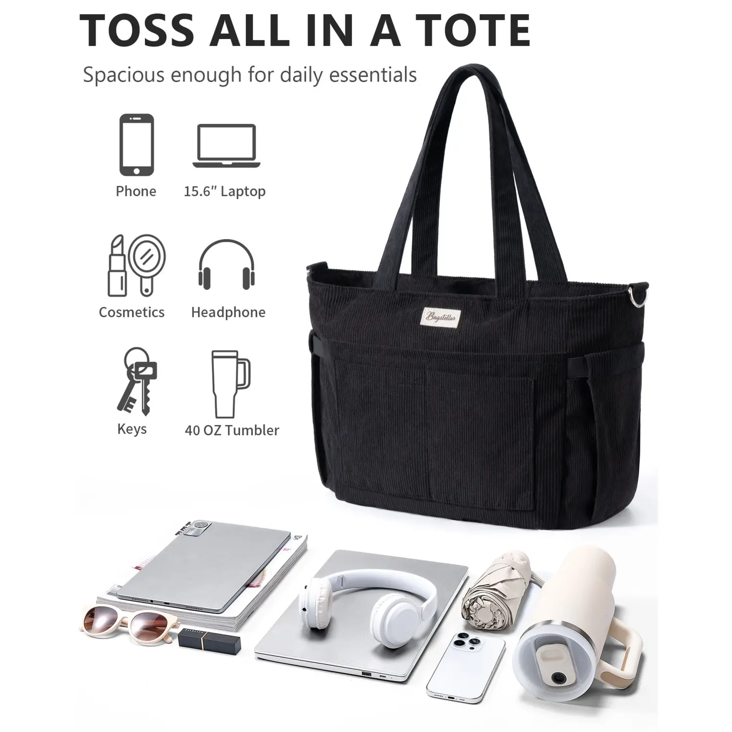 Bagstellar Corduroy Tote Bag for Women - 15.6" Laptop