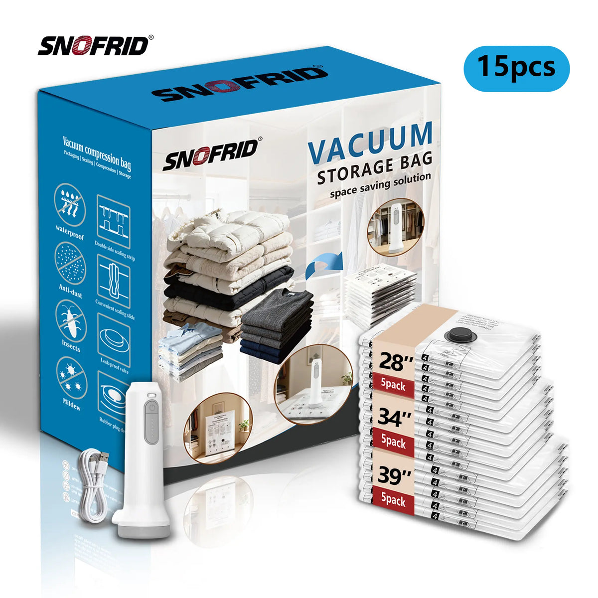 Snofrid Cordless Travel Vacuum Compression Bag Set 15-Pack