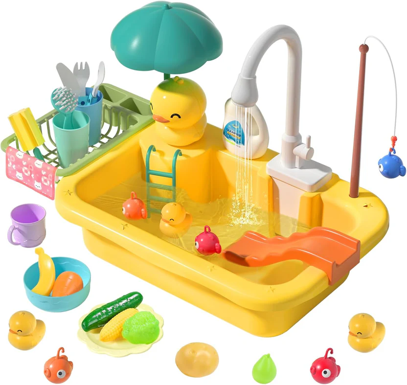 Kids Play Kitchen Sink with Running Water & Floating Fishing Toy Set 💧🎣