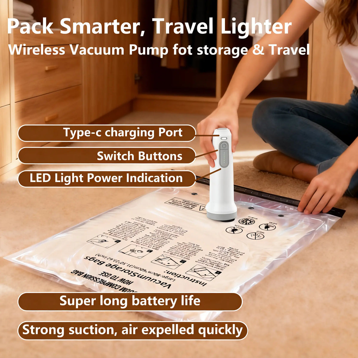 Snofrid Cordless Travel Vacuum Compression Bag Set 15-Pack