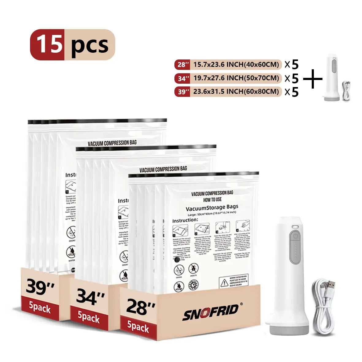 Snofrid Cordless Travel Vacuum Compression Bag Set 15-Pack